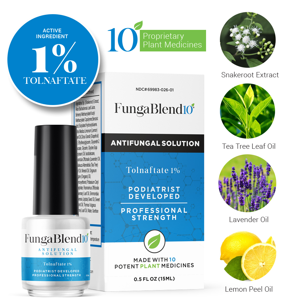 fungablend10 antifungal solution bottle and packaging, with 4 plant descriptions: snakeroot extract, tea leaf tree oil, lavender oil, and lemon peel oil